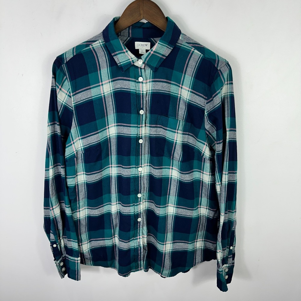 J.Crew Plaid Button Down Shirt L‎ Teal Navy Cotton Preppy Coastal Casual Flannel
